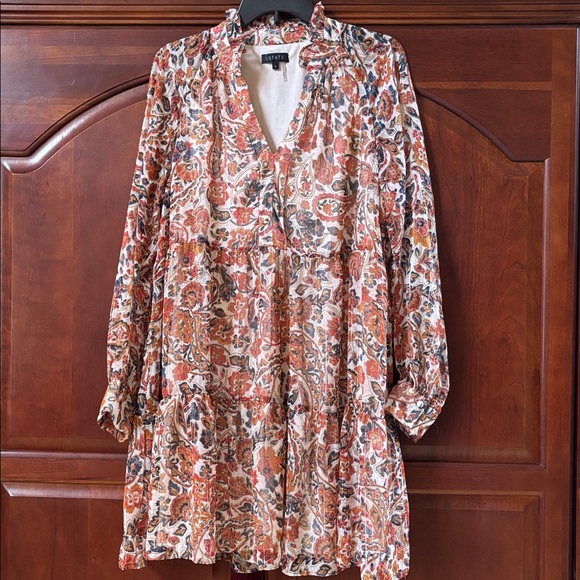 1. State Floral Long Sleeve Dress - Orange and Brown - Picture 1 of 10